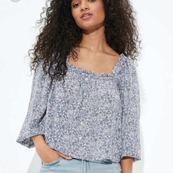 American Eagle Women's Size Small Floral Square Neck Long Sleeve Top - Picture 1 of 11